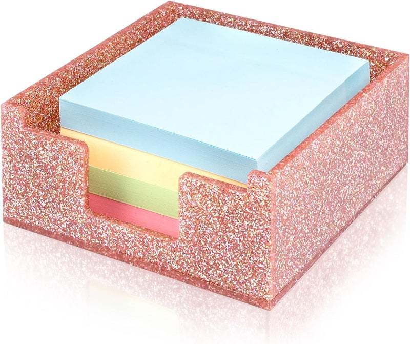Luminzo Light Pink Sparkling Sticky Note Holder, Glitter Acrylic Organizer, 3.94 x 3.94 in Multi-Use Tray for Office, School & Home Desk - Image 1